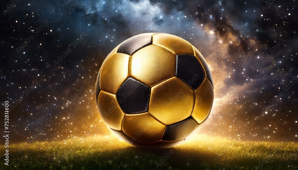 Fototapeta premium golden soccer ball in front of shining galaxy