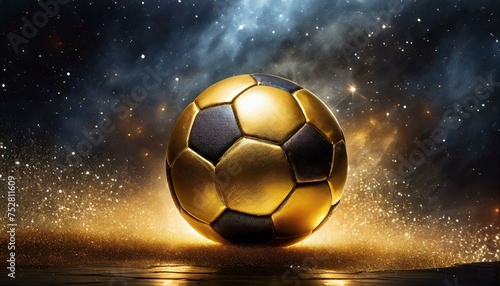 golden soccer ball in front of shining galaxy