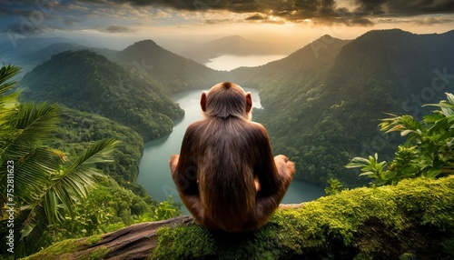 sitting and meditating chimp in front of wonderful nature landscape © creativemariolorek