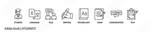 English class banner web icon set vector illustration concept with icon of student, language, talk, writing, vocabulary, essay, conversation, test