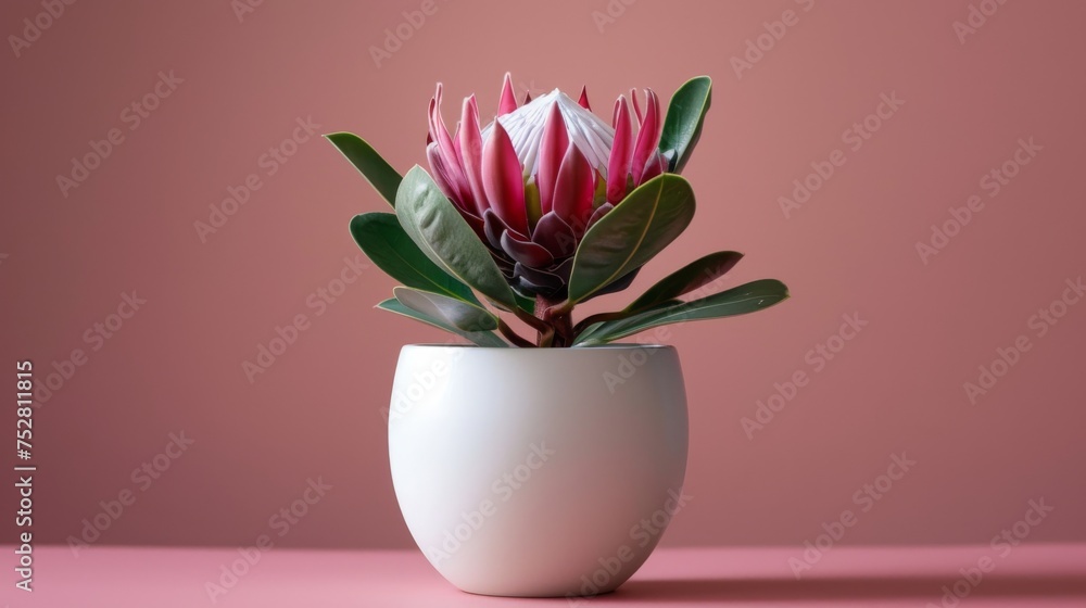 A delicate pink flower gracefully sits in a pristine white vase on a soft pink surface