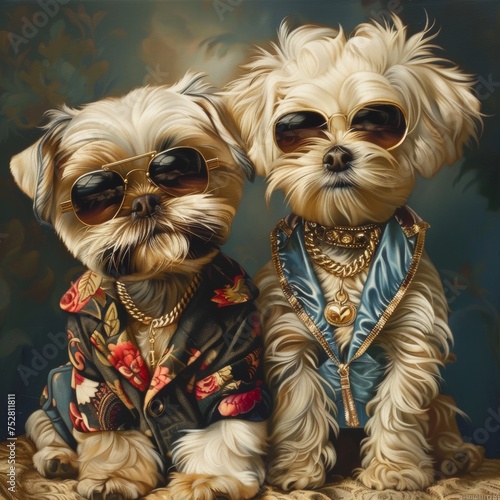 Charming puppies in trendy outfits striking a pose, Stylish Dogs in Sunglasses and Fashionable Outfits, Two fashionable Shih Tzu dogs wearing sunglasses and stylish clothing pose with an air of sophis © Pui