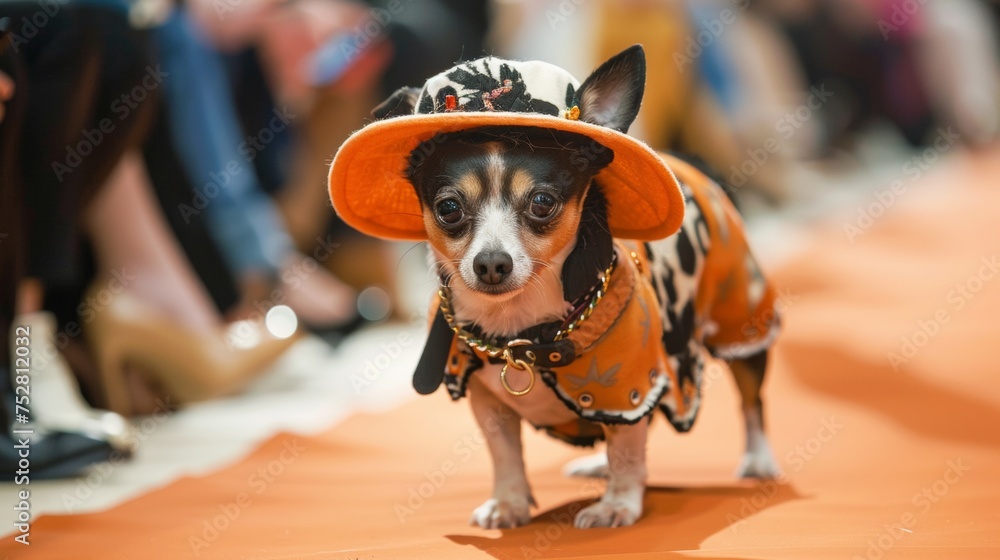 chic pet fashion runway, Chihuahua in Stylish Cowboy Outfit with Hat, A small Chihuahua is dressed in a fashionable cowboy outfit, complete with a patterned hat, looking sharp for a themed event.