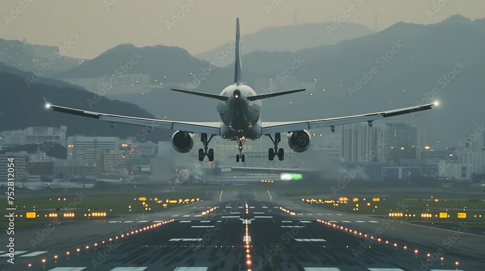 Aircraft making a landing at the airport - obrazy, fototapety, plakaty 