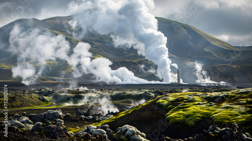 Geothermal power plant with mountains in the background
