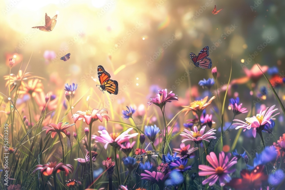 A sunlit wildflower meadow with butterflies fluttering among the blooms