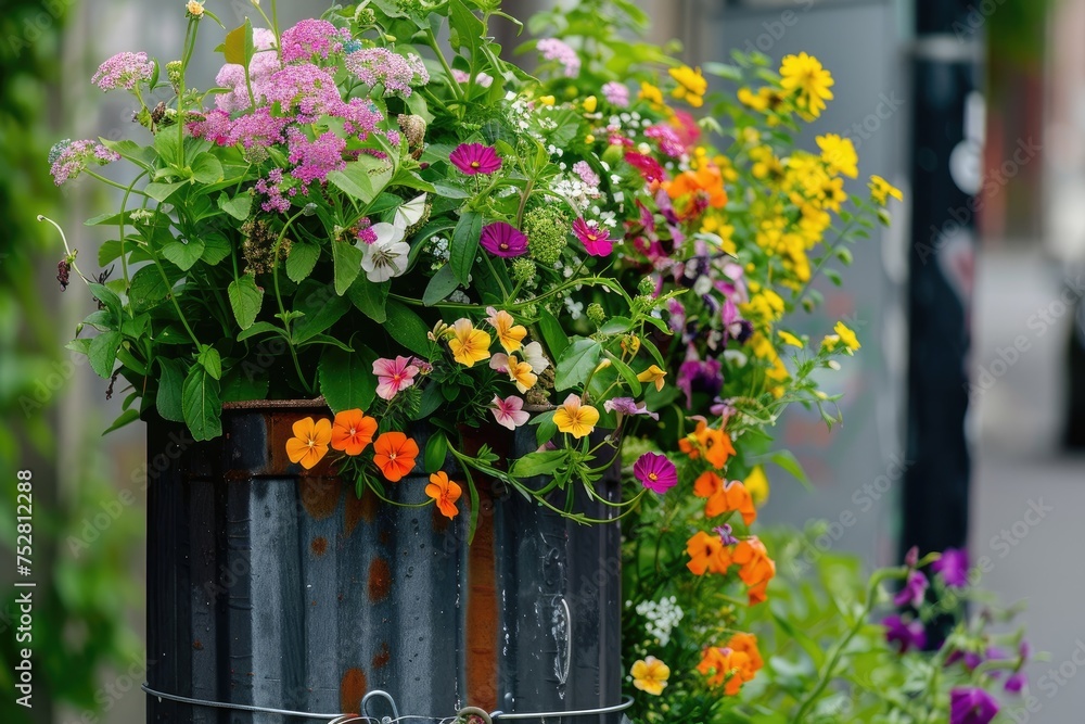 An eco-friendly concept with flowers growing out of a recycled container garden