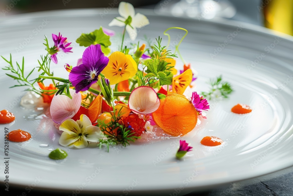 An artful composition of edible flowers on a gourmet dish blending cuisine and floristry An artful composition of edible flowers on a gourmet dish blending cuisine and floristry