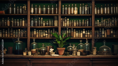 Old bookshelves with old books and bottles of medicine