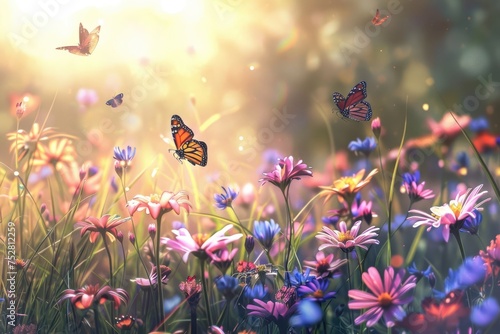 A sunlit wildflower meadow with butterflies fluttering among the blooms