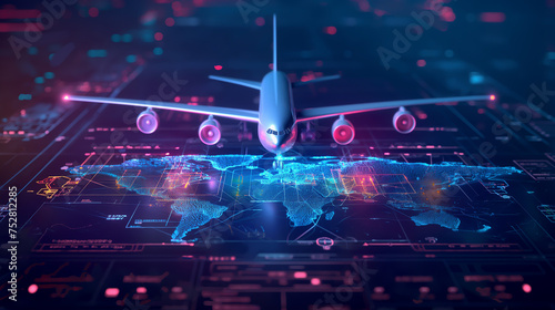 Airplane in holographic for travel and transportation concept on the plot plan drawings line graphic, design for abstract wallpaper and background	 photo