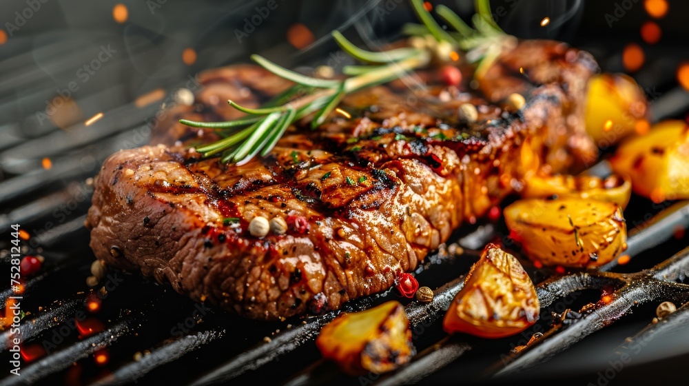 Mouthwatering steak being grilled to perfection over flames, surrounded by spices and grilled vegetables Mouthwatering steak being grilled to perfection over flames, surrounded by spices and grilled vegetables