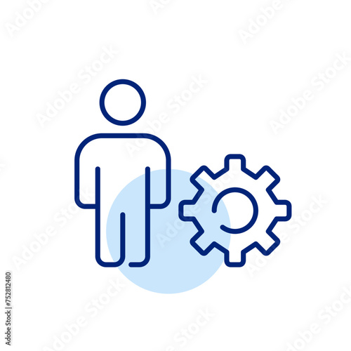 Digital engineering. Technical professional. Person and cogwheel symbolizing power solving skills and expertise. Vector