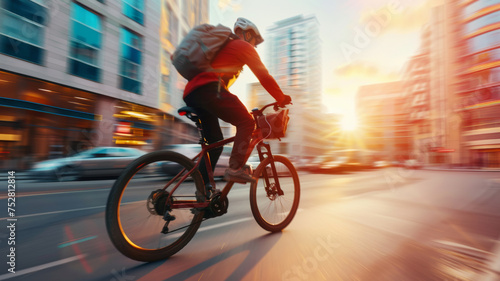 Urban adrenaline rush as a cyclist blurs through the city at sunset.