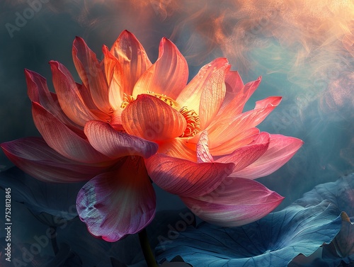 a digital photo of cinematic realism lotus or water lily, Muted glow opal white color margarite, iridescent opalescent colours photo