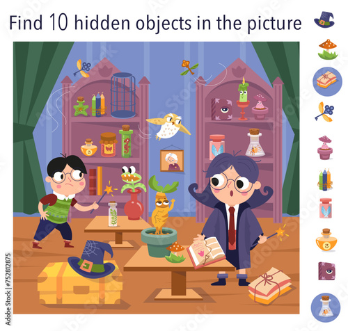 Find 10 hidden objects in picture. Educational game for kids. Cute girl witch and boy with magic wand in wizard school. Interior with objects. Vector illustration