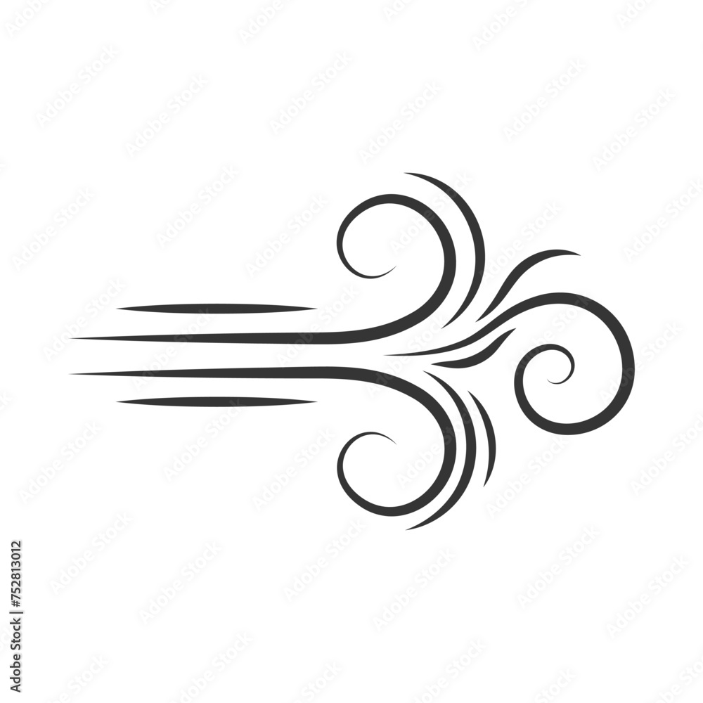 Wind direction of air movement sign, black curl lines silhouette sign of movement intensity, smoke fog or wind. Vector element on white isolate. Wind direction of air movement sign, black curl lines silhouette sign of movement intensity, smoke fog or wind. Vector element on white isolate.