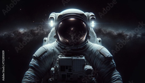 an astronaut in a space suit floating against the backdrop of the vast expanse of space. The astronaut is in the center futuristic, explorer, jupiter, cosmic, world, sky, satellite, flying, atmosphere