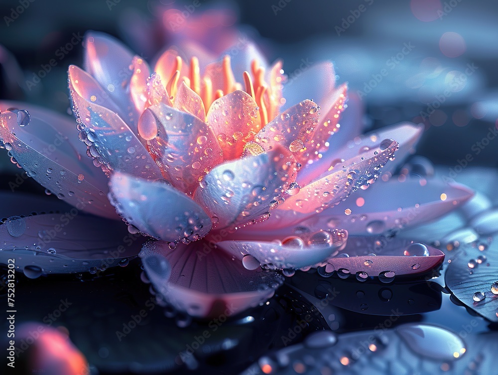 a digital photo of cinematic realism lotus or water lily, Muted glow opal white color margarite, iridescent opalescent colours a digital photo of cinematic realism lotus or water lily, Muted glow opal white color margarite, iridescent opalescent colours
