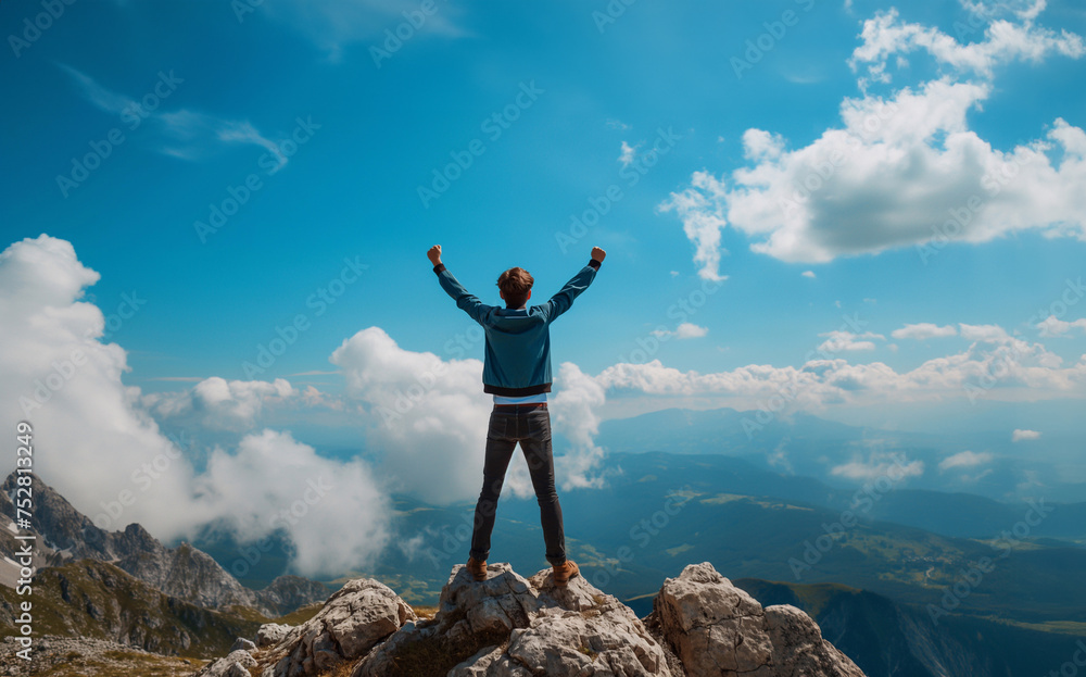 Man standing on top of the mountain with raised hands and enjoying the view generative ai art Man standing on top of the mountain with raised hands and enjoying the view generative ai art