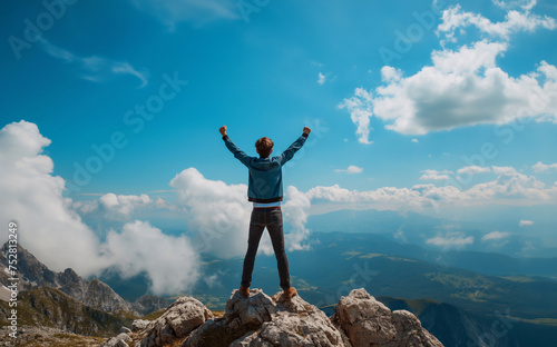 Man standing on top of the mountain with raised hands and enjoying the view generative ai art
