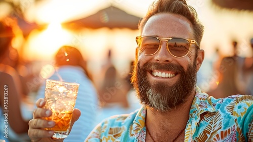 A bearded man with a big smile is enjoying a sunset while holding a cocktail in a tropical setting