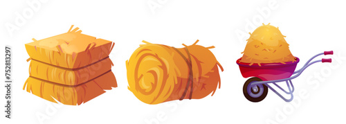 Hay stack in cube block, roll and on red wheelbarrow. Cartoon vector illustration set of yellow dry straw bale for farm animal feed. Ranch harvest of thatch pile. Agricultural haystack bundle.