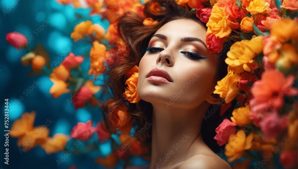 Portrait of a woman surrounded by a vibrant array of orange and red flowers, with the face artistically obscured, symbolizing mystery and beauty