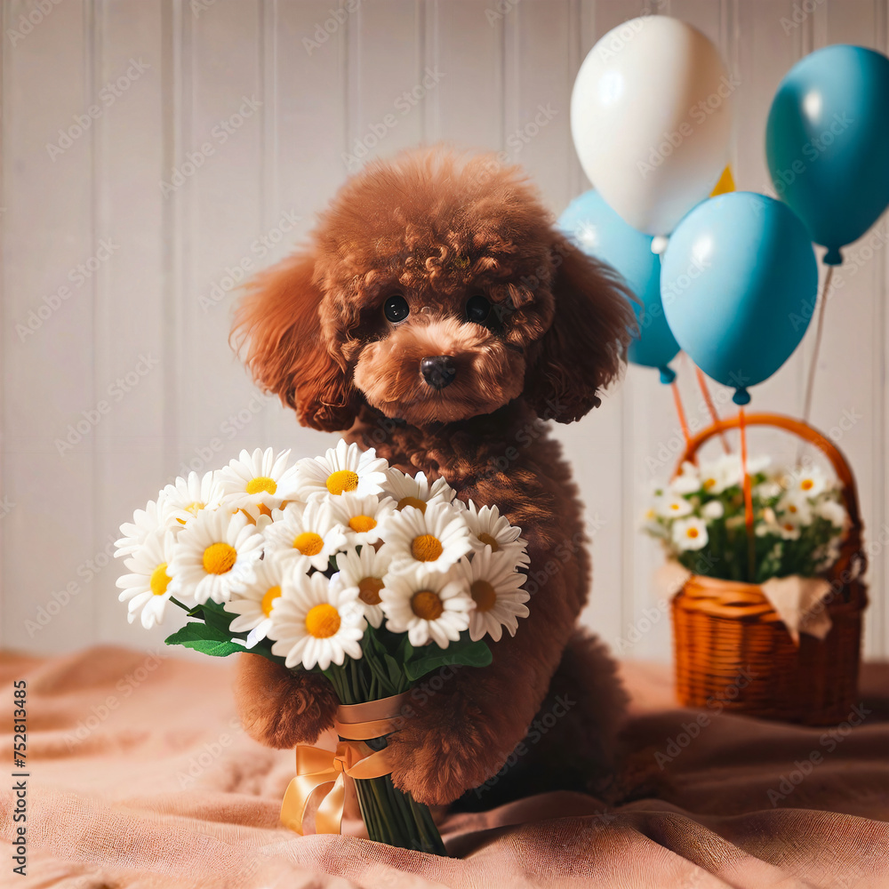 A brown poodle puppy holding a bouquet of daisies, with blue balloons and a flower basket in the background