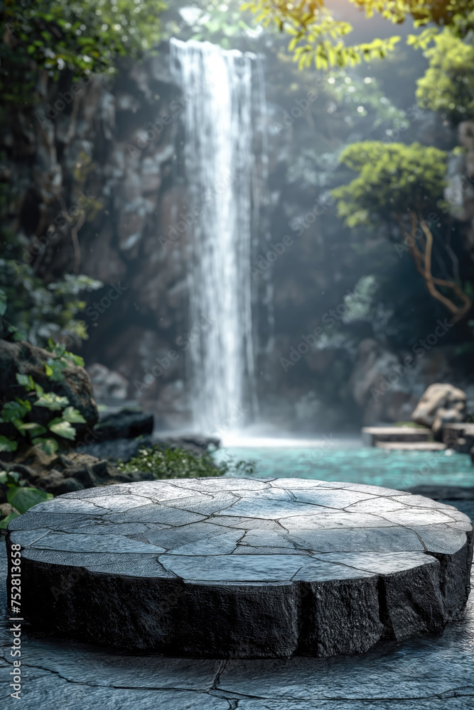 Round stone platform and waterfall in tropical forest, natural background. Round stone platform and waterfall in tropical forest, natural background.