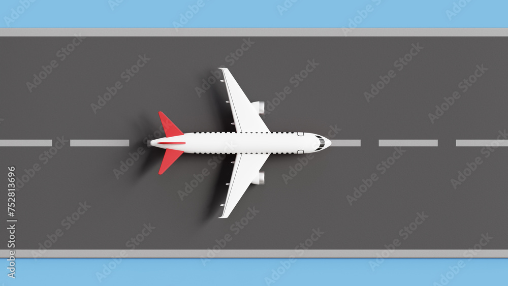 Fototapeta premium 3D airplane on the runway. Passenger Commercial Airplane. Overhead view of the airplane on a take off line in airport. 3d illustration