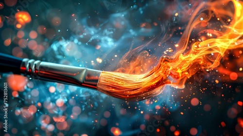 An intensely detailed image of a cable emitting a dynamic flame and surrounded by vibrant glowing particles