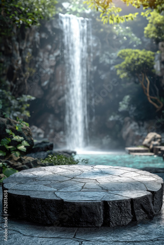 Round stone platform and waterfall in tropical forest, natural background.