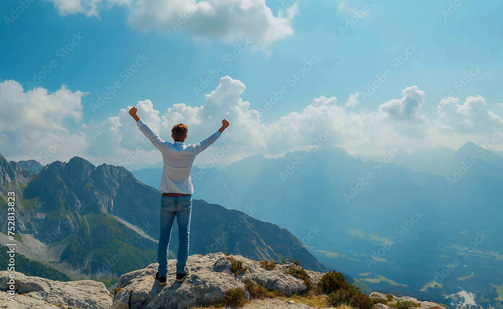 Obraz premium Young man on top of a mountain with arms raised enjoying the view generative ai art