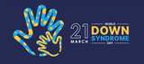 World down syndrome day - Adult and child hand symbols with yellow and blue bubble texture overlapping on dark blue background vector design