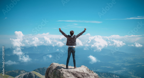 Man standing on top of a mountain with arms raised against blue sky with clouds generative ai  art