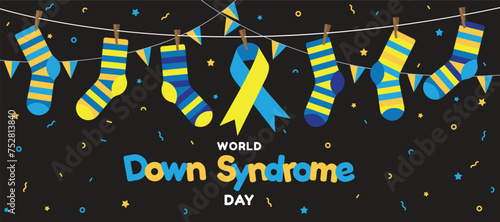 World down syndrome day - Blue and yellow socks ribbon sign and pennant hanging on black background vector design