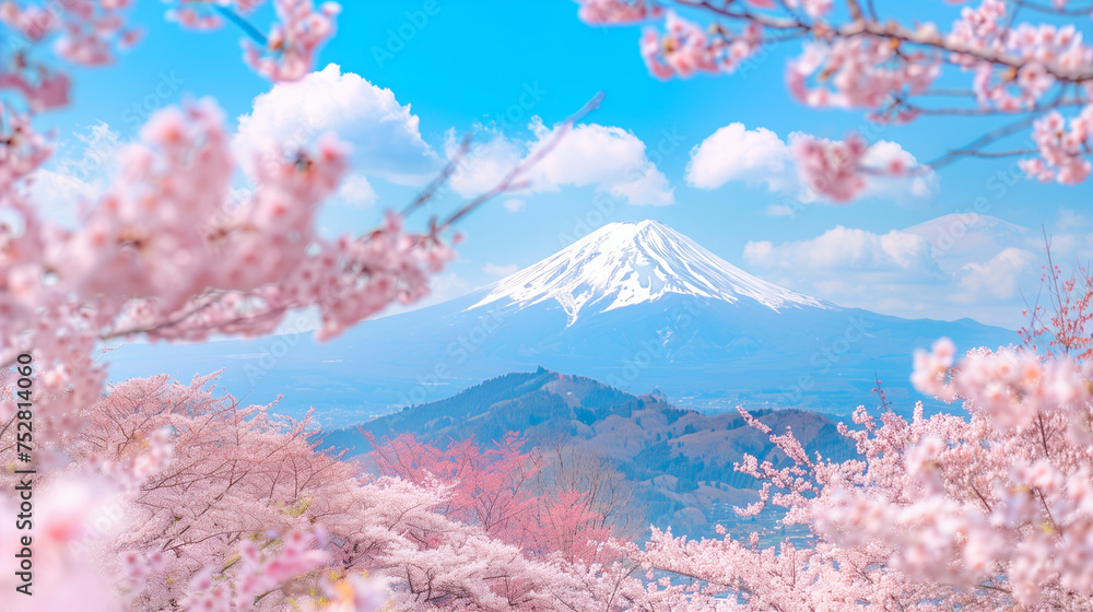 Mount Fuji cherry blossom scenery in Japan,created with Generative AI tecnology.
