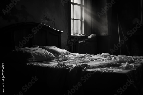 black and white image of a bed with rumpled sheets, sunlight from the window