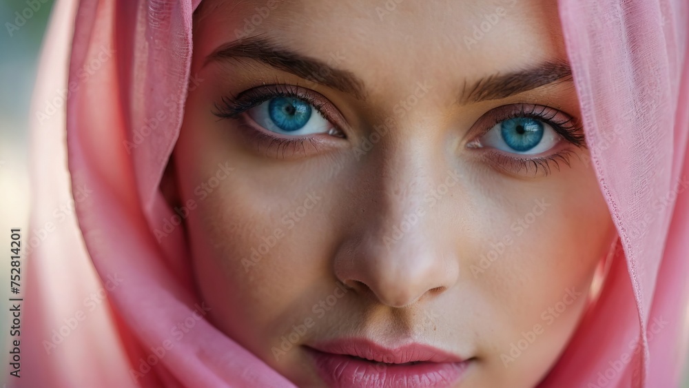 Blue eyes of a beautiful girl in a pink hijab, beauty eyes Blue eyes of a beautiful girl in a pink hijab, beauty eyes
