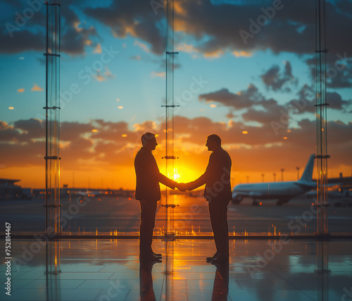 Businessman and businesswoman shaking hands in the airport at sunset. generative ai art