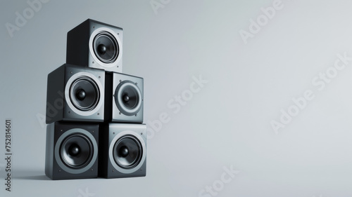 Towering stack of speakers against a muted background, ready to pulse with the beat of music. photo