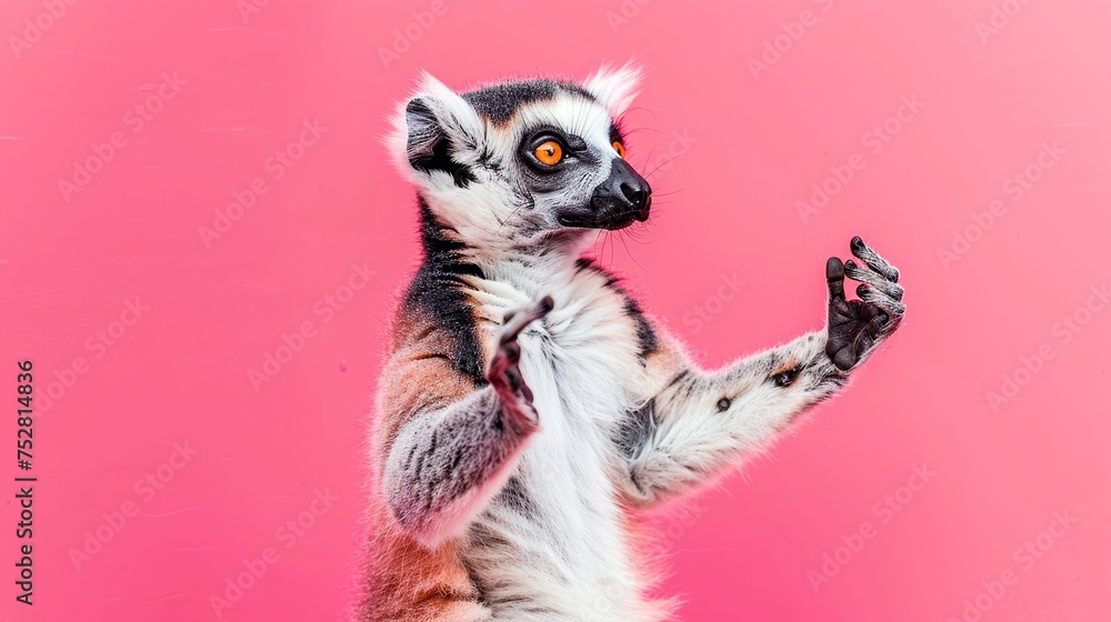 A ring-tailed lemur is captured in an amusing pose with a curious expression against a bright pink background