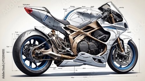 Detailed view of a sporty motorcycle structure in 3D style. Diagrammatic drawing collections. photo
