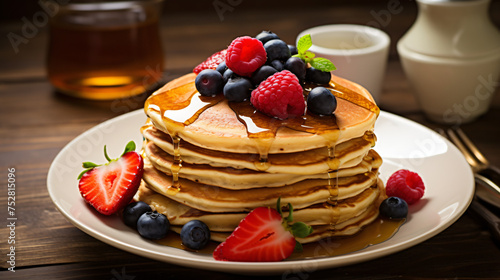 Stack of pancakes with fresh berries and maple syrup