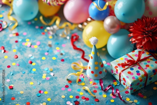 Birthday party background with confetti and gift box on blue table