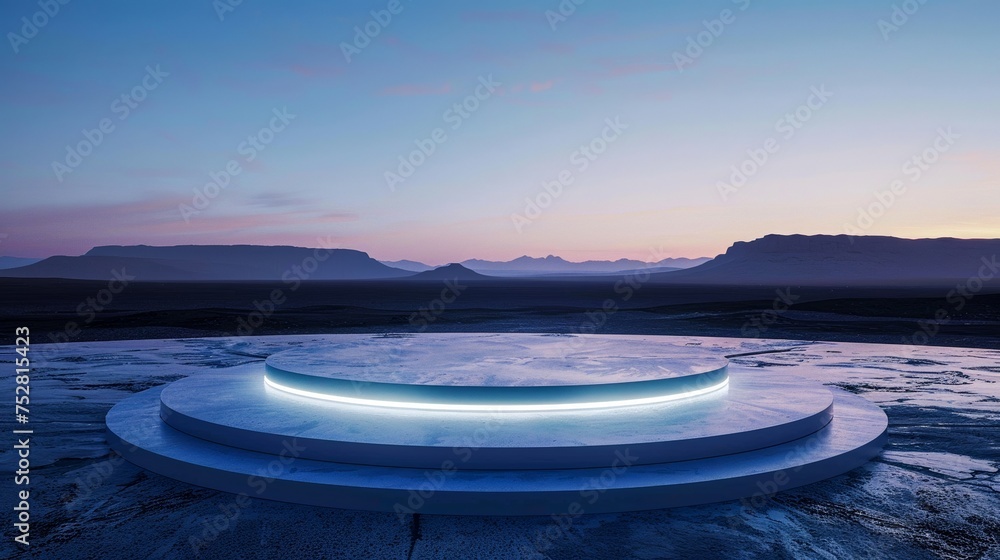 An atmospheric image featuring a glowing, futuristic circular platform in the middle of a vast, empty landscape during twilight