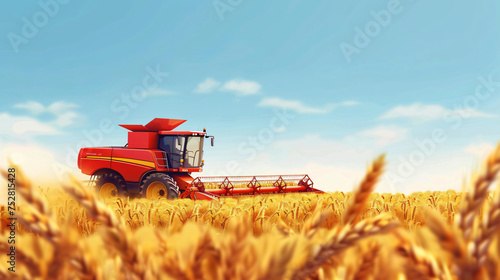 The combine is harvesting. Toy tractor in the field of