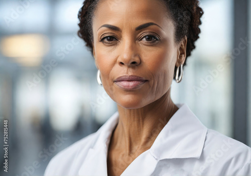 Middle aged African American woman doctor in hospital, white colors