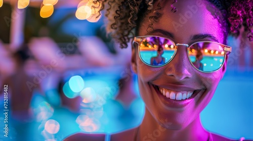 An abstract and vibrant image with a focus on colorful blurred lights and a defocused foreground subject
